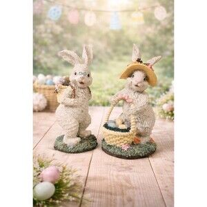 Vintage Easter Bunnies Pair Couple Collection Resin figurines Basket of Eggs